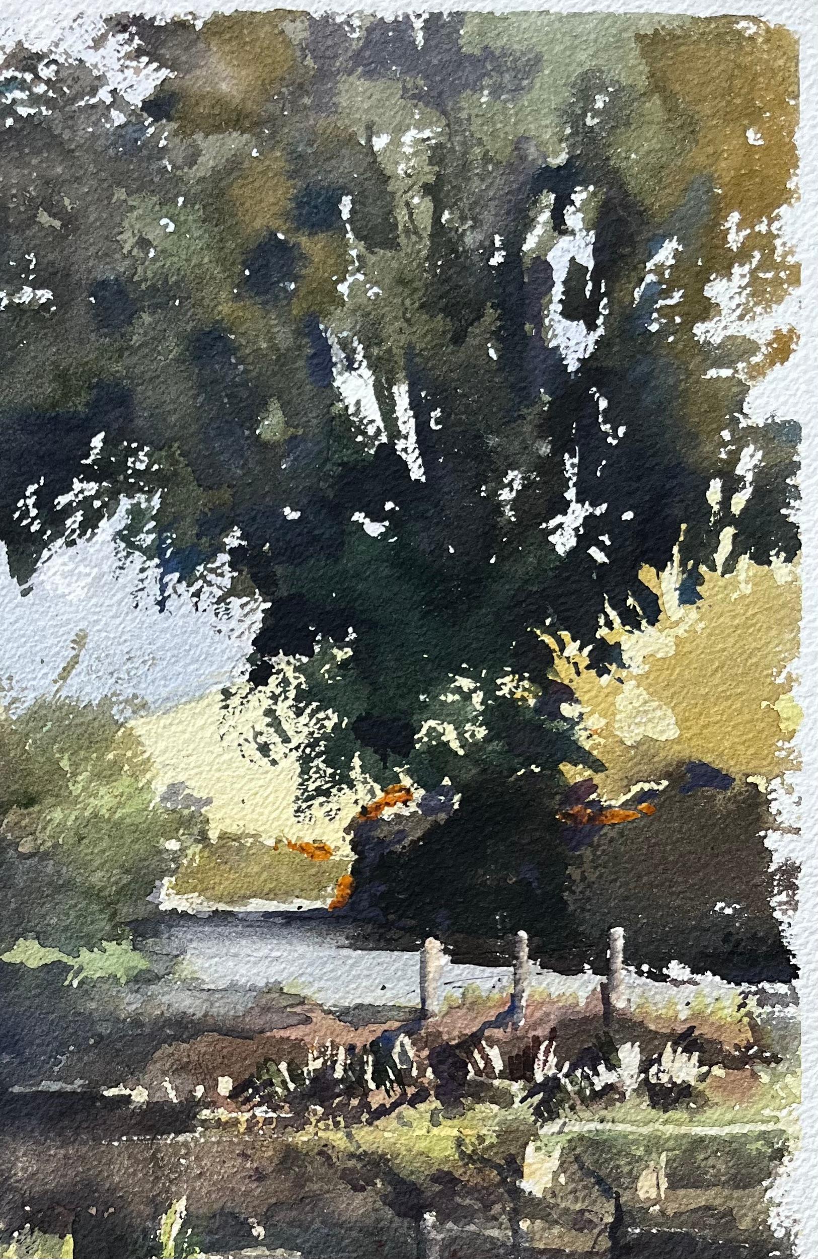 British Impressionist Watercolor of a Tranquil Riverside Landscape with Trees For Sale 1