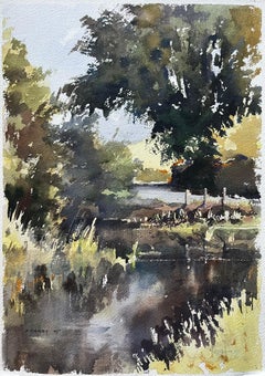Britisches impressionistisches Aquarell einer Tranquil-Richtungslandschaft mit Bäumen, British Impressionismus