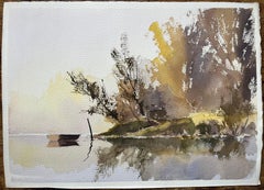 Britisches impressionistisches Aquarell einer Tranquil- Flussside-Szene mit Boot, British Impressionismus