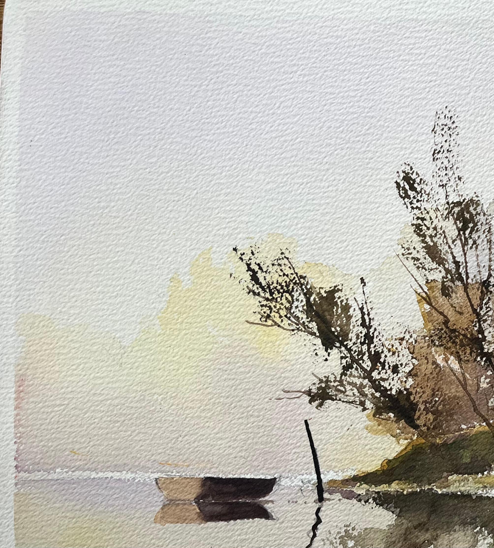 Titel: Britischer Impressionist Aquarell einer ruhigen Flussszene mit Boot
Von Anthony Avery (Brite 1946-2023)
Original-Aquarell auf Künstlerpapier, ungerahmt
Abmessungen: 11,25 x 15,5 Zoll (Höhe x Breite)
Zustand: Gut, mit leichten