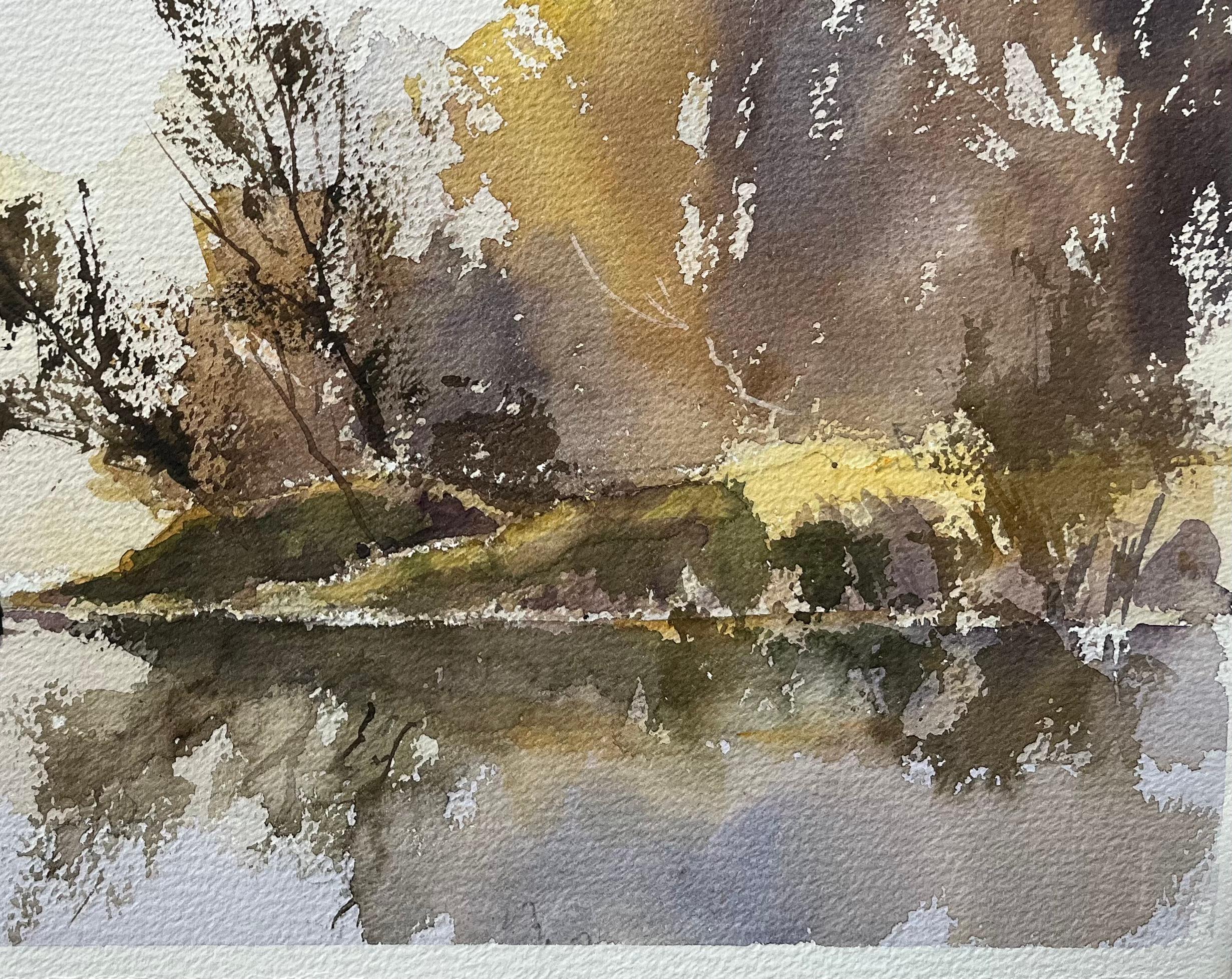 Britisches impressionistisches Aquarell einer Tranquil- Flussside-Szene mit Boot, British Impressionismus im Angebot 1