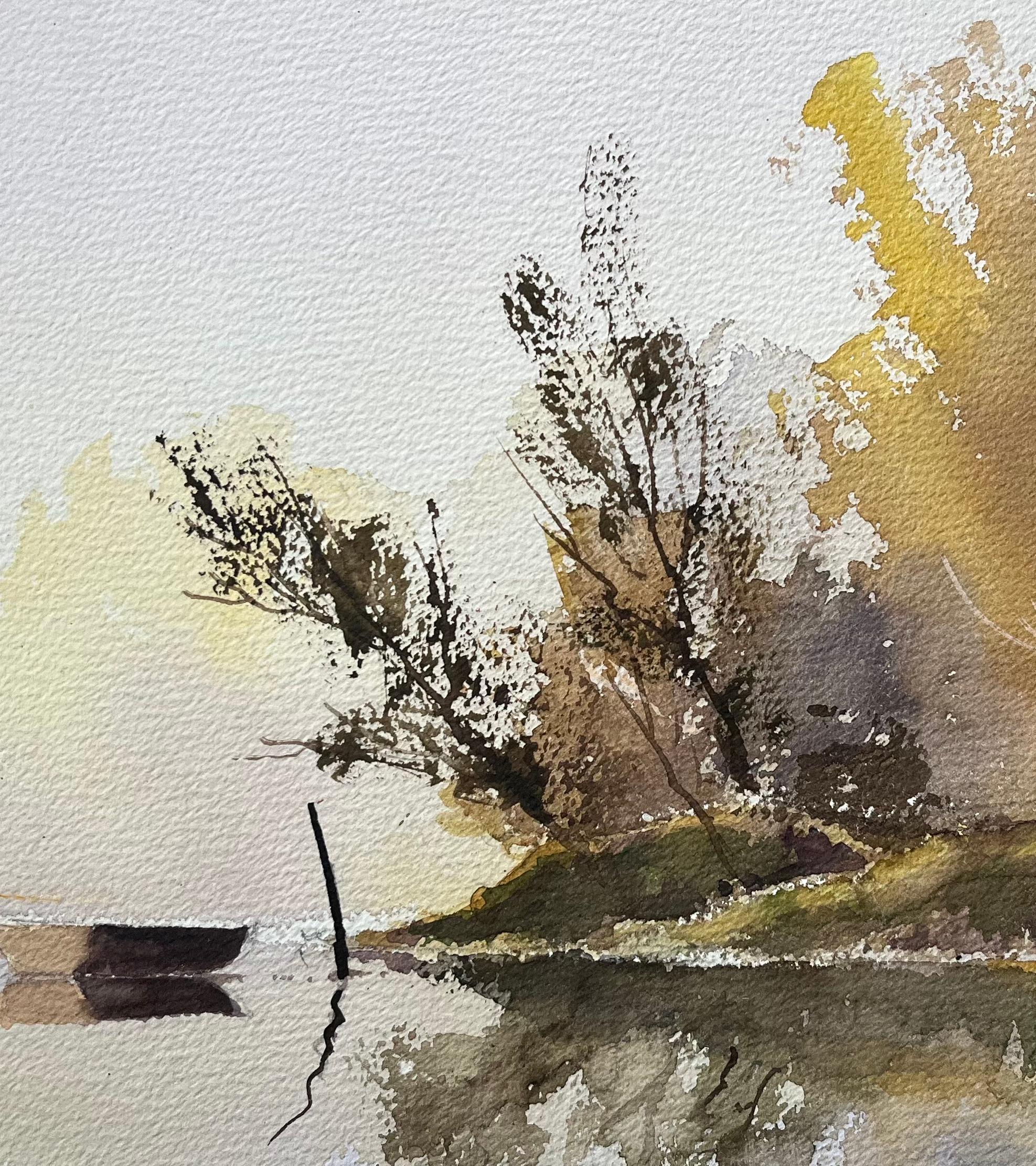 Britisches impressionistisches Aquarell einer Tranquil- Flussside-Szene mit Boot, British Impressionismus im Angebot 3