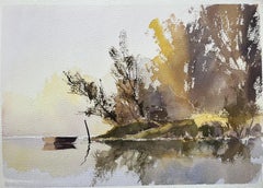 British Impressionist Watercolor of a Tranquil Riverside Scene with Boat