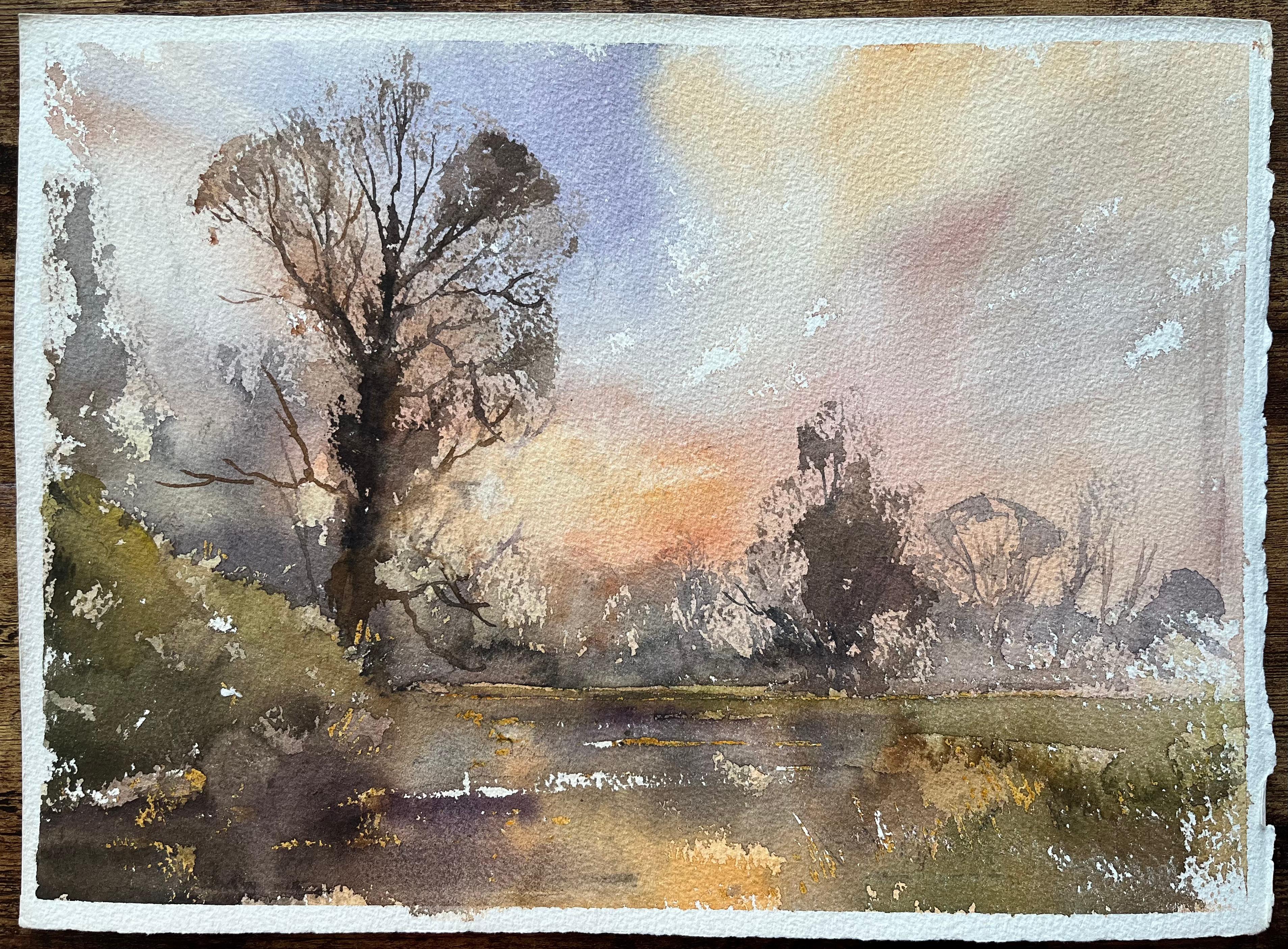 Britischer Impressionist Aquarell eines ruhigen Sonnenuntergangs über ruhigen Gewässern – Painting von Anthony Avery