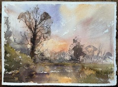 British Impressionist Watercolor of a Tranquil Sunset Over Calm Waters