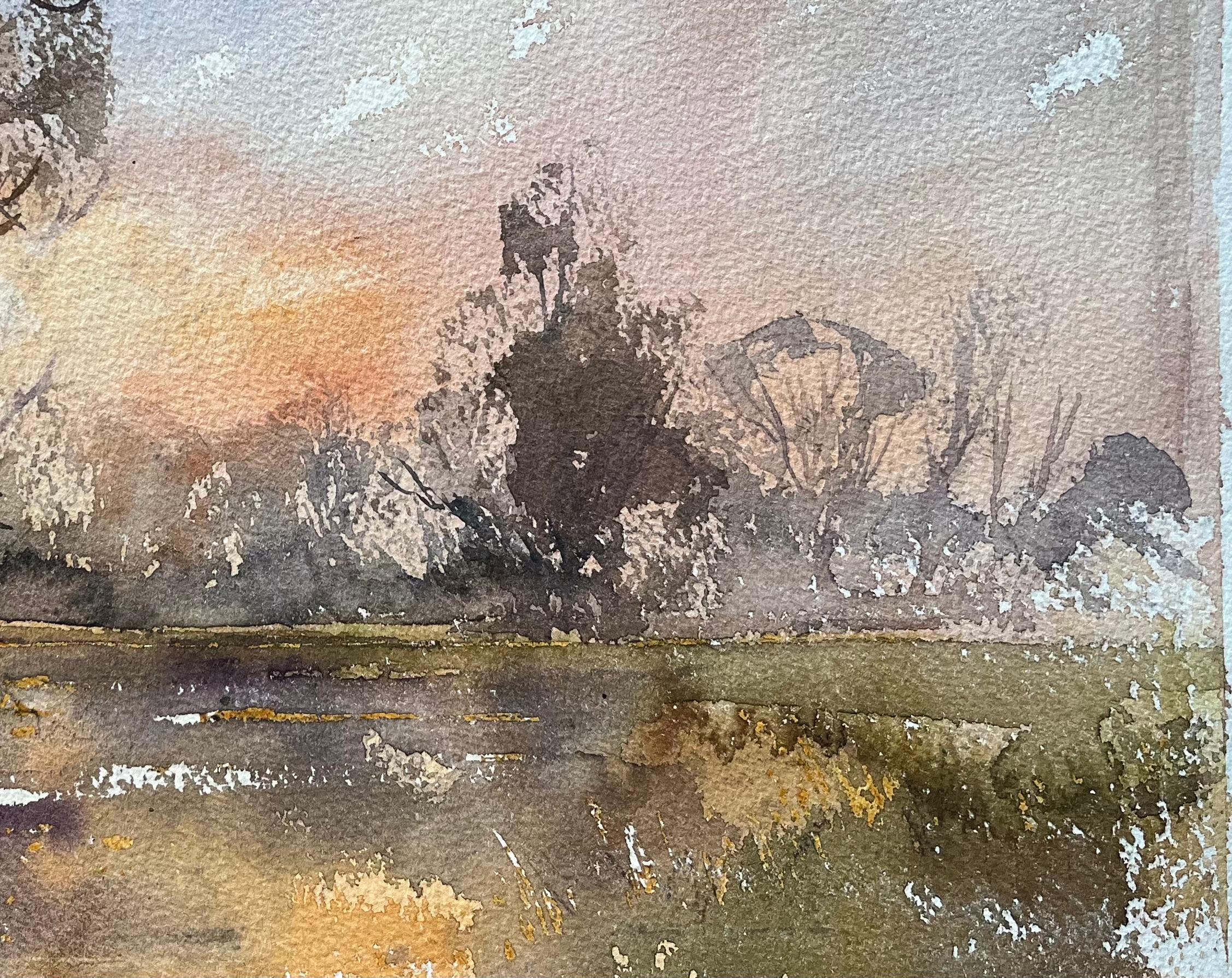 Britischer Impressionist Aquarell eines ruhigen Sonnenuntergangs über ruhigen Gewässern (Impressionismus), Painting, von Anthony Avery
