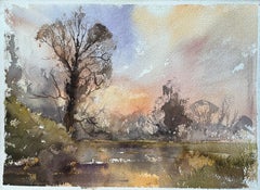 British Impressionist Watercolor of a Tranquil Sunset Over Calm Waters