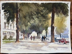 British Impressionist Watercolor of a Tree-Lined Boulevard with Figures