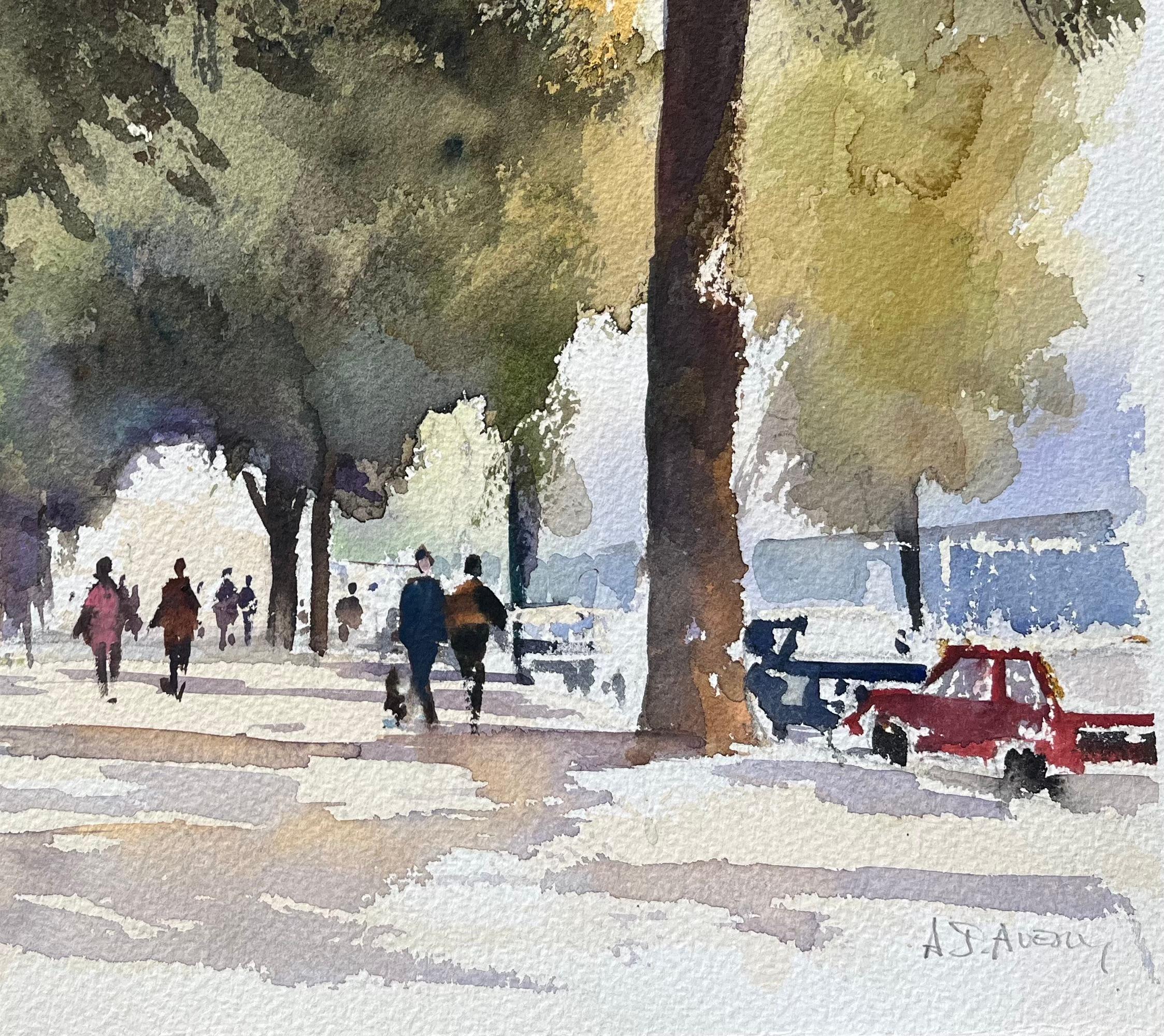 Acquerello impressionista britannico raffigurante un viale alberato con figure - Painting Impressionismo di Anthony Avery