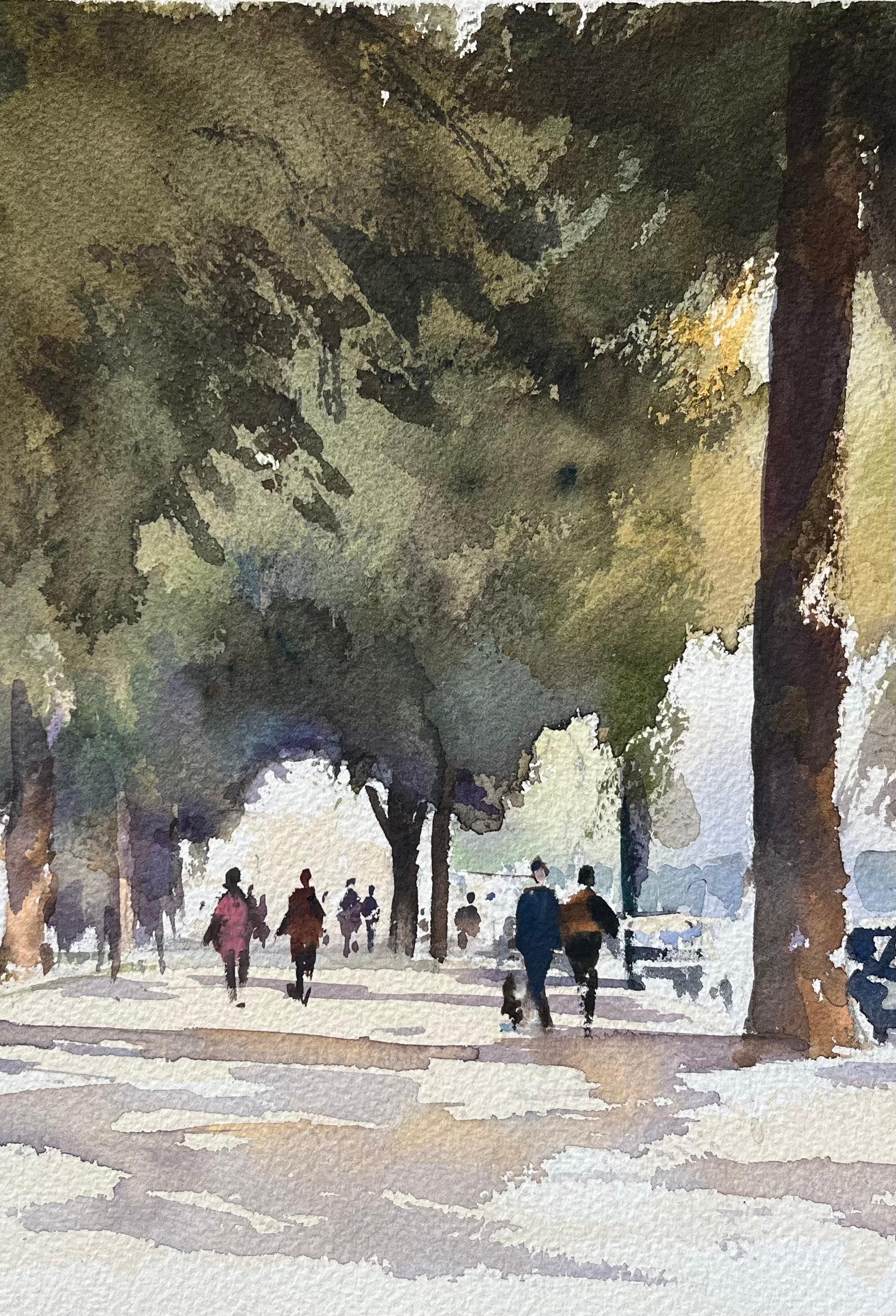 Acquerello impressionista britannico raffigurante un viale alberato con figure - Landscape Painting Grigio di Anthony Avery