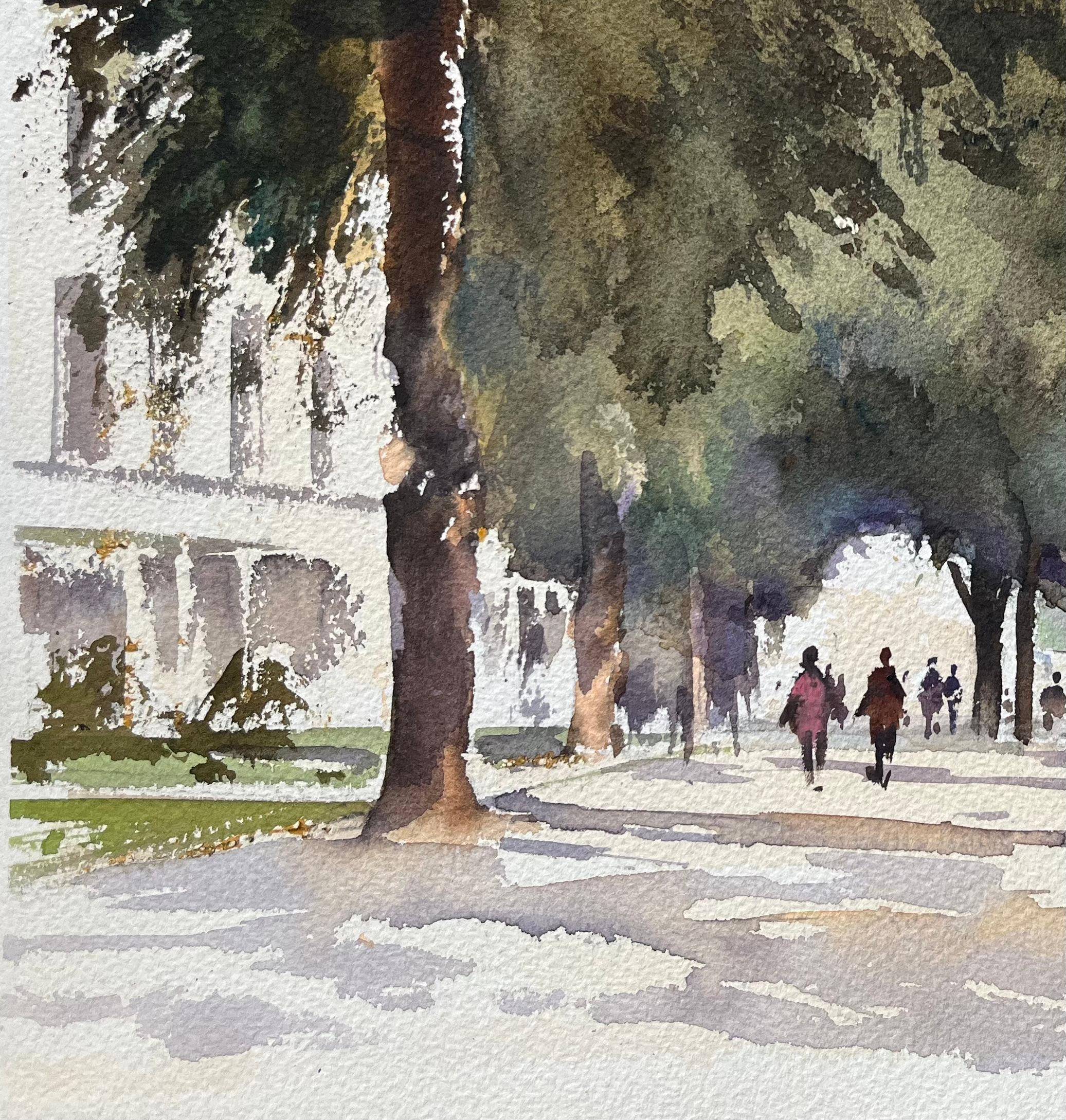 Titolo: Acquerello impressionista britannico di  un viale alberato con figure
Di Anthony Avery (Regno Unito 1946-2023)
Acquerello originale su carta per artisti, senza cornice
Firmato: Yes One
Dimensioni: 11 x 15,25 pollici (altezza x