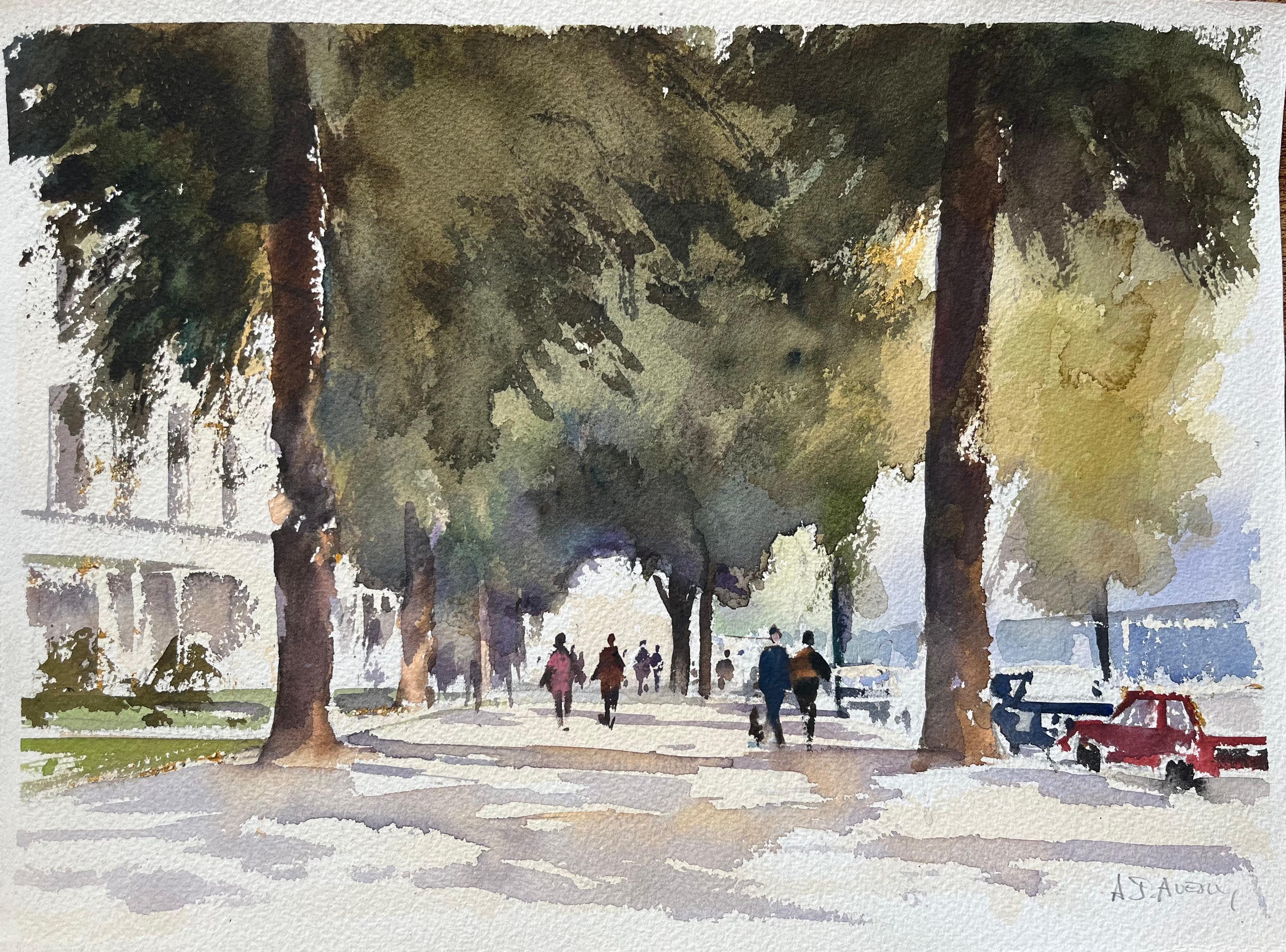 Landscape Painting di Anthony Avery - Acquerello impressionista britannico raffigurante un viale alberato con figure