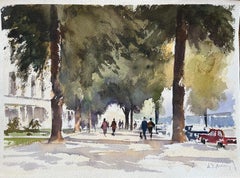 Britischer Impressionist Aquarell eines von Bäumen gesäumten Boulevards mit Figuren
