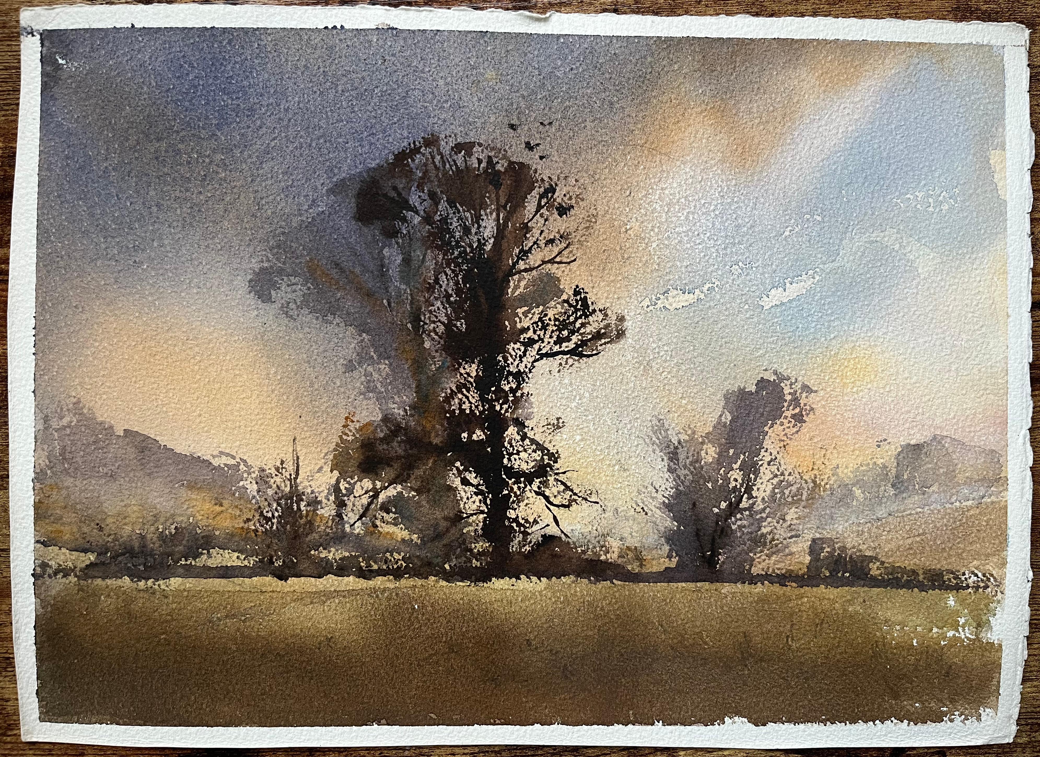 Acuarela impresionista británica de la silueta de un árbol frente a una dramática puesta de sol - Painting de Anthony Avery