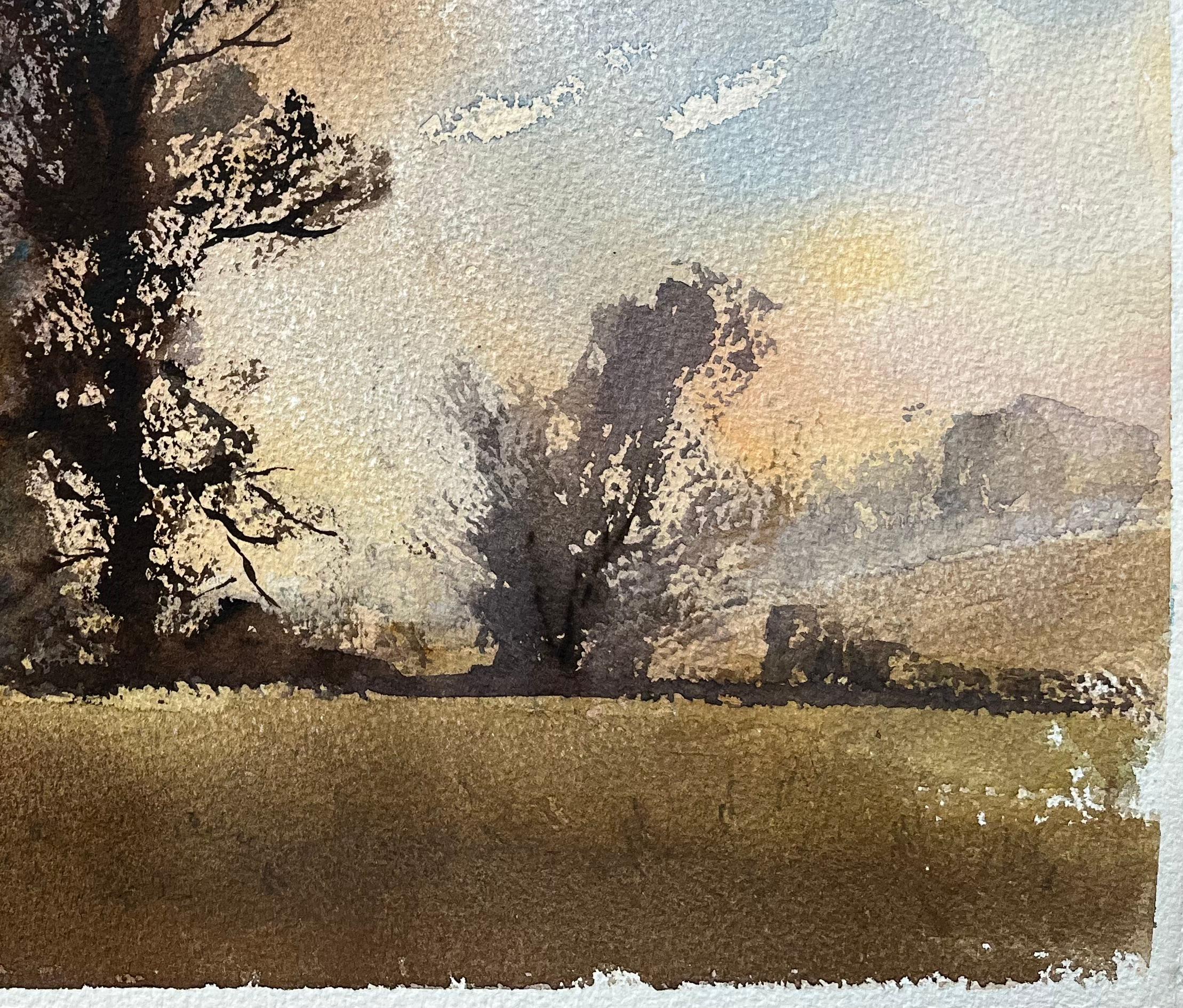 Acuarela impresionista británica de la silueta de un árbol frente a una dramática puesta de sol - Painting Impresionista de Anthony Avery