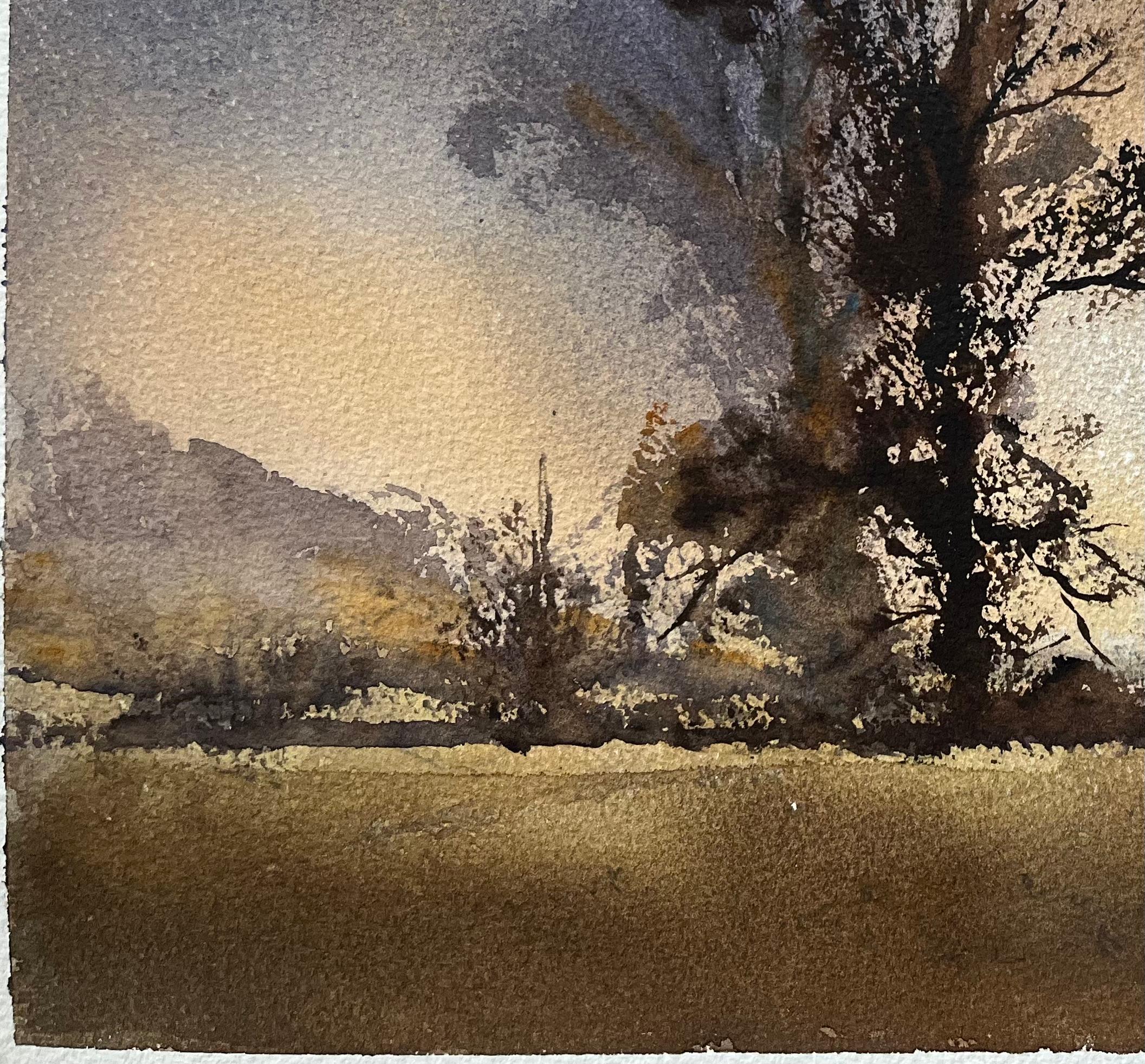 Título: Acuarela impresionista británica de la silueta de un árbol frente a una dramática puesta de sol 
Por Anthony Avery (británico 1946-2023)
Acuarela original sobre papel de artista, sin enmarcar
Dimensiones: 11 x 15,25 pulgadas (Alto x