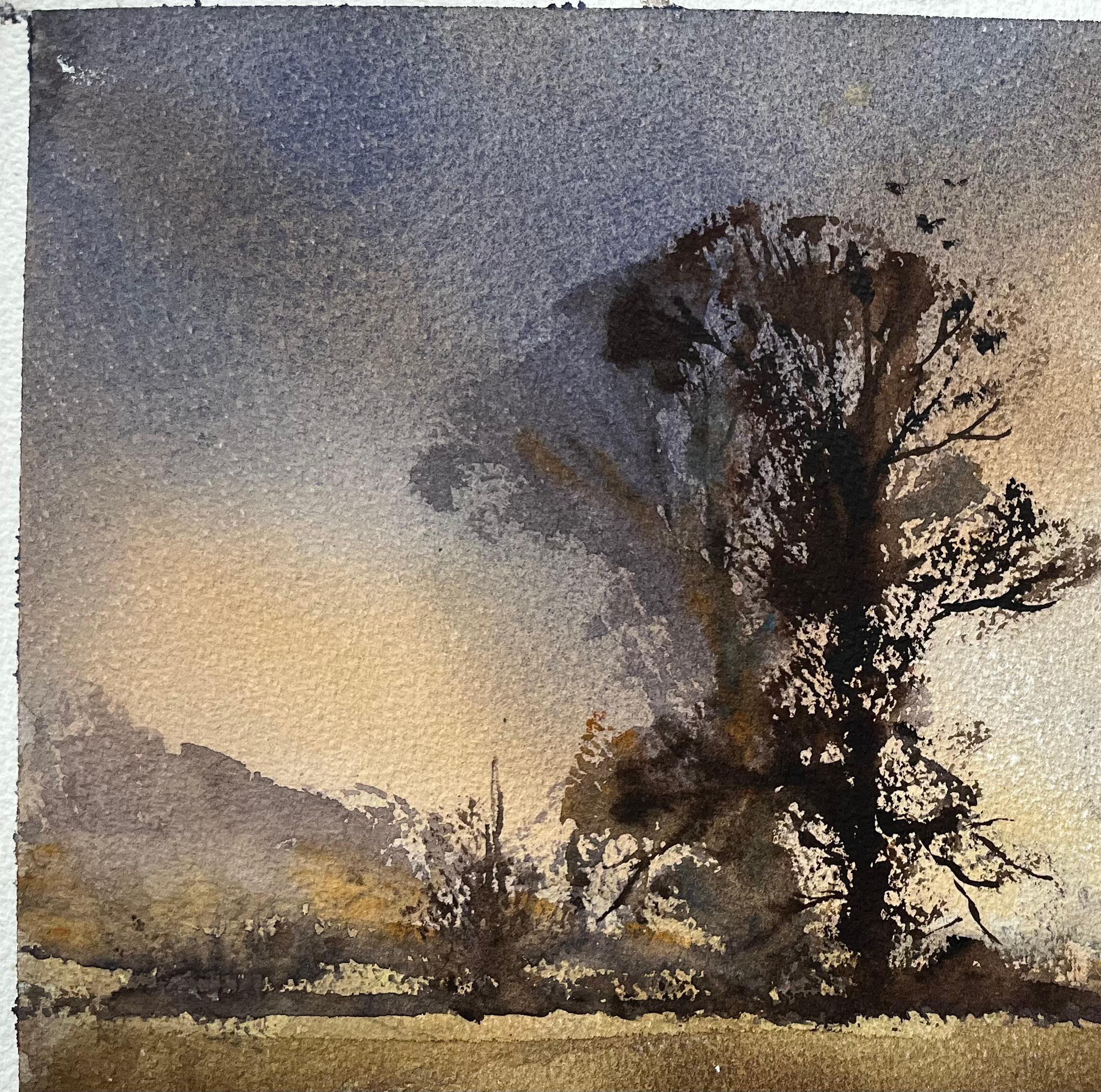 Acuarela impresionista británica de la silueta de un árbol frente a una dramática puesta de sol en venta 1