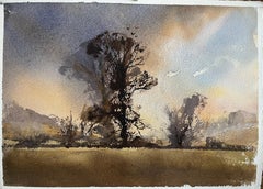Acuarela impresionista británica de la silueta de un árbol frente a una dramática puesta de sol
