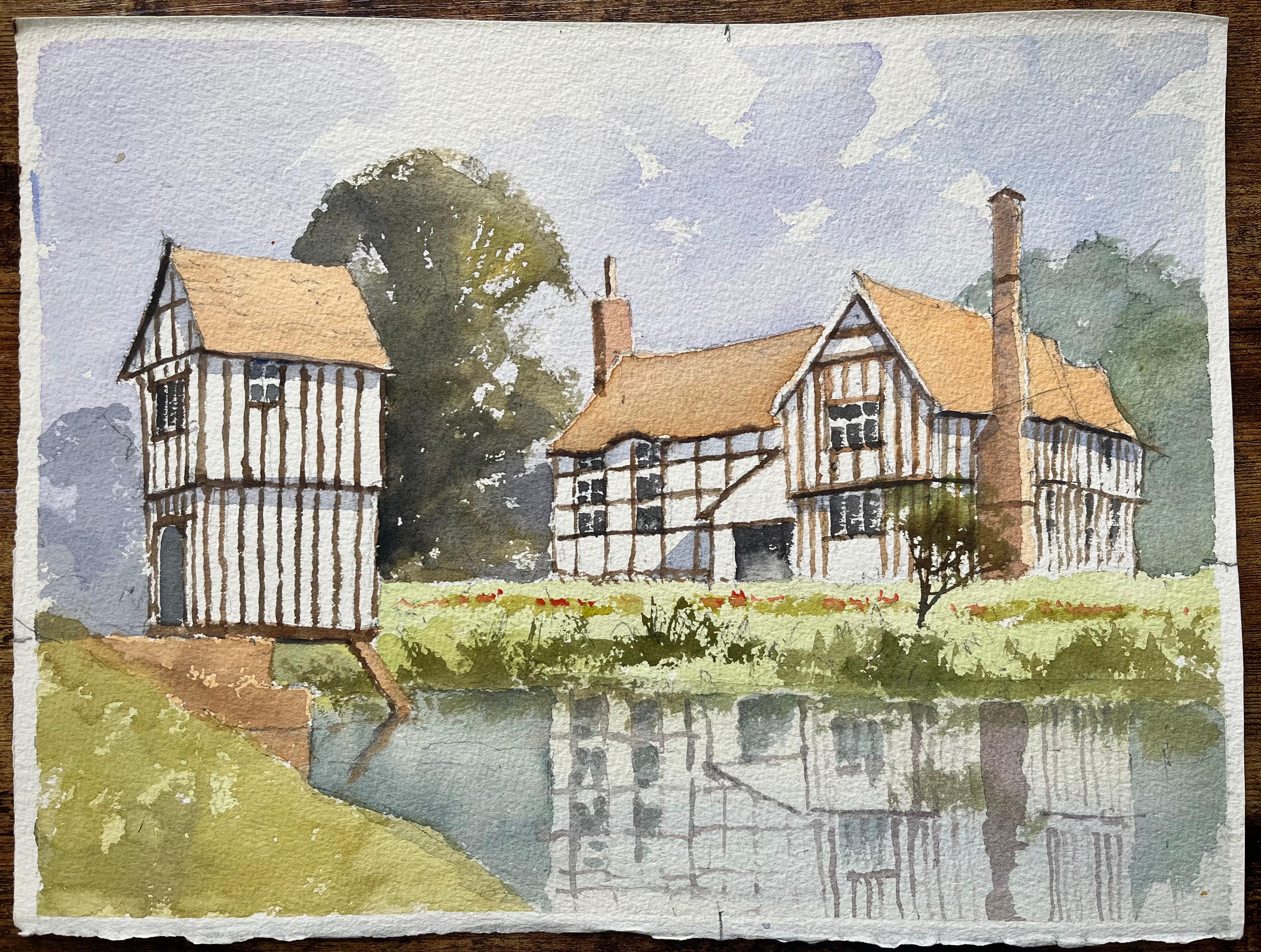 Britischer Impressionist Aquarell eines Hauses im Tudor-Stil, das sich in einem See spiegelt – Painting von Anthony Avery