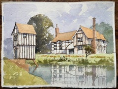British Impressionist Watercolor of a Tudor-Style House Reflected in a Lake