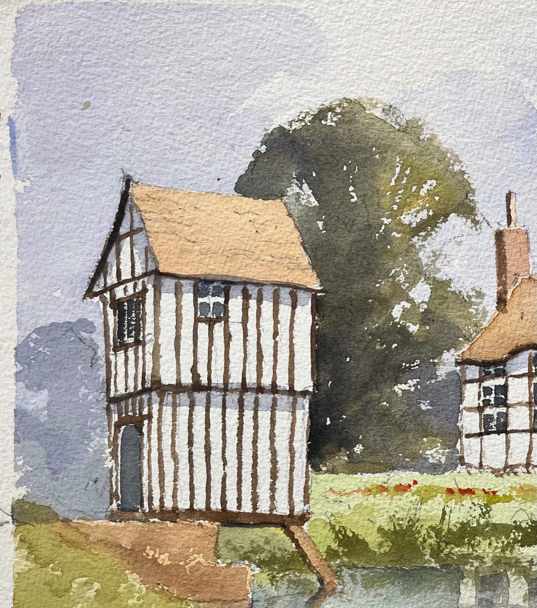 Britischer Impressionist Aquarell eines Hauses im Tudor-Stil, das sich in einem See spiegelt (Impressionismus), Painting, von Anthony Avery