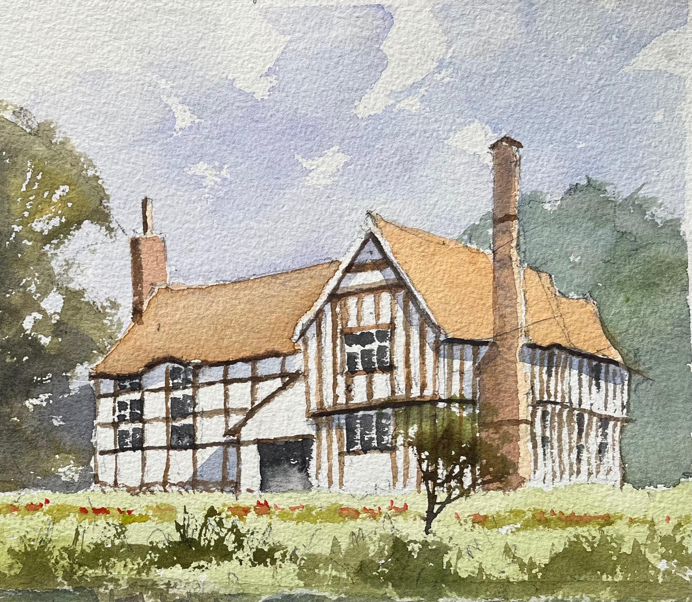 Britischer Impressionist Aquarell eines Hauses im Tudor-Stil, das sich in einem See spiegelt (Grau), Landscape Painting, von Anthony Avery