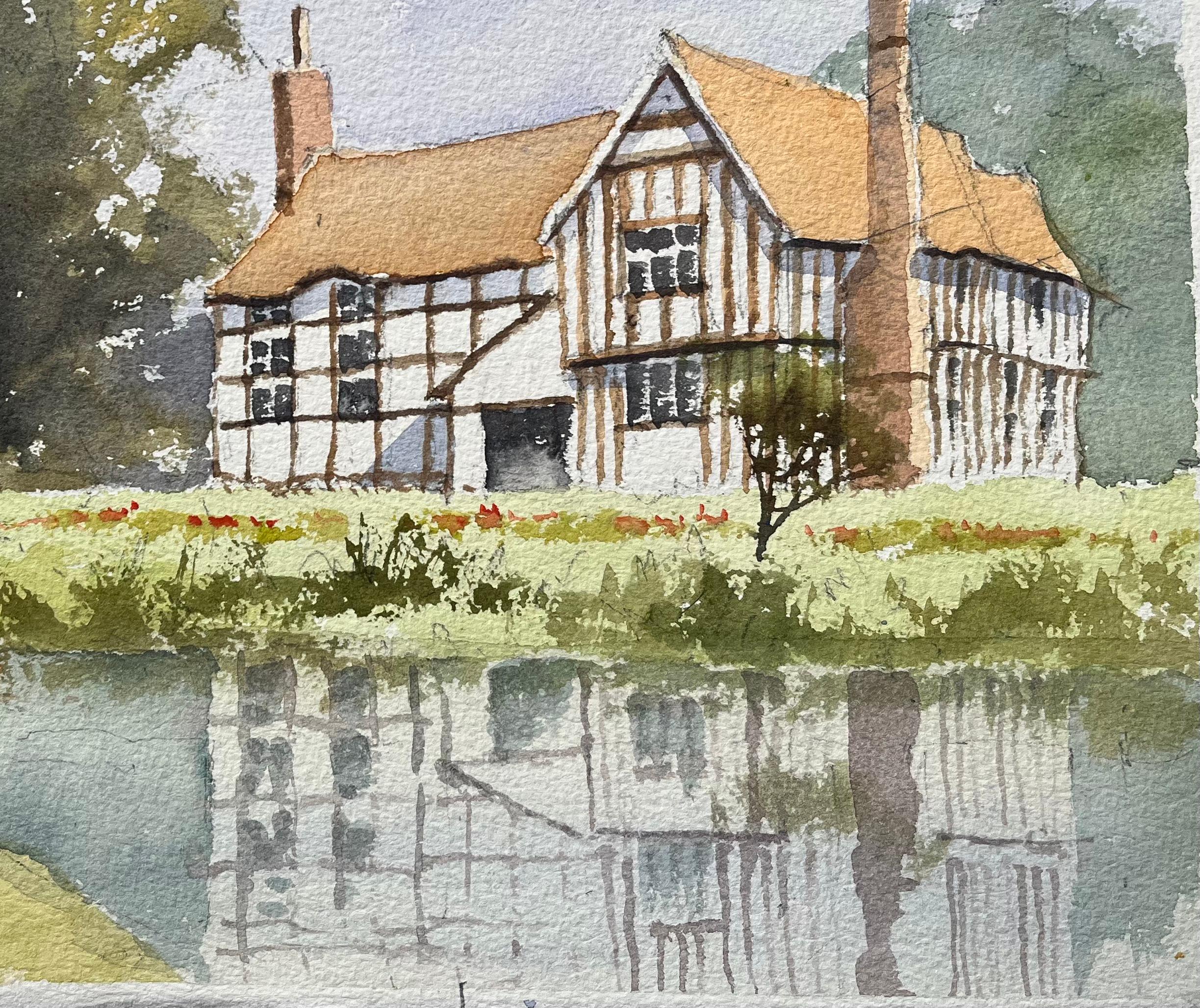 Titel: Aquarell eines britischen Impressionisten mit einem Haus im Tudor-Stil, das sich in einem See spiegelt
Von Anthony Avery (Brite 1946-2023)
Original-Aquarell auf Künstlerpapier, ungerahmt
Abmessungen: 11,25 x 15 Zoll (Höhe x Breite)
Zustand: