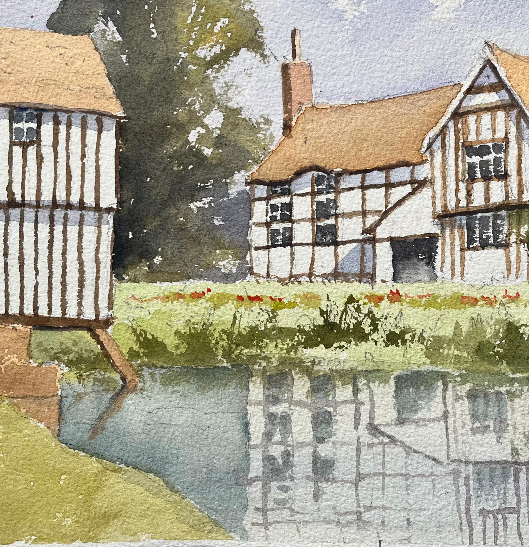 Britischer Impressionist Aquarell eines Hauses im Tudor-Stil, das sich in einem See spiegelt im Angebot 1