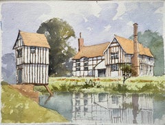 British Impressionist Watercolor of a Tudor-Style House Reflected in a Lake