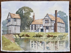 British Impressionist Watercolor of a Tudor-Style Manor by a Tranquil Pond