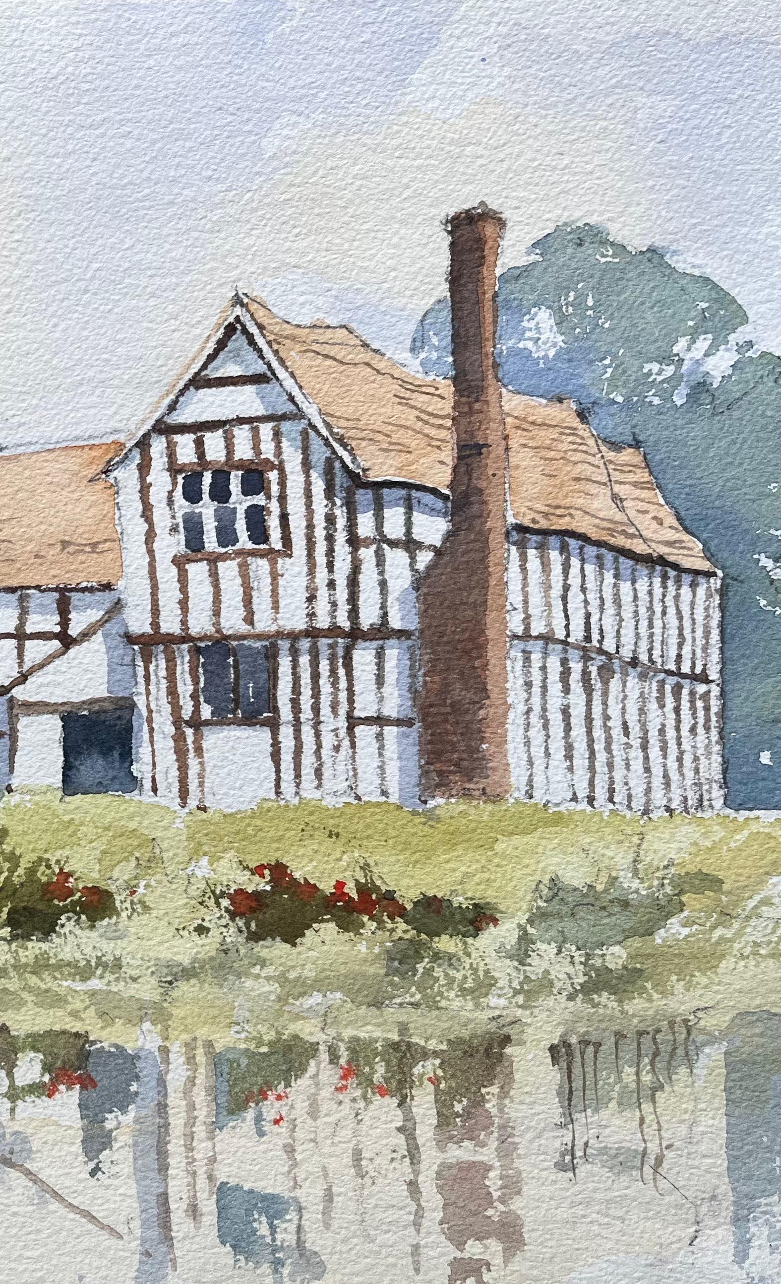 Britischer Impressionist: Aquarell eines Herrenhauses im Tudor-Stil an einem ruhigen Teich (Impressionismus), Painting, von Anthony Avery