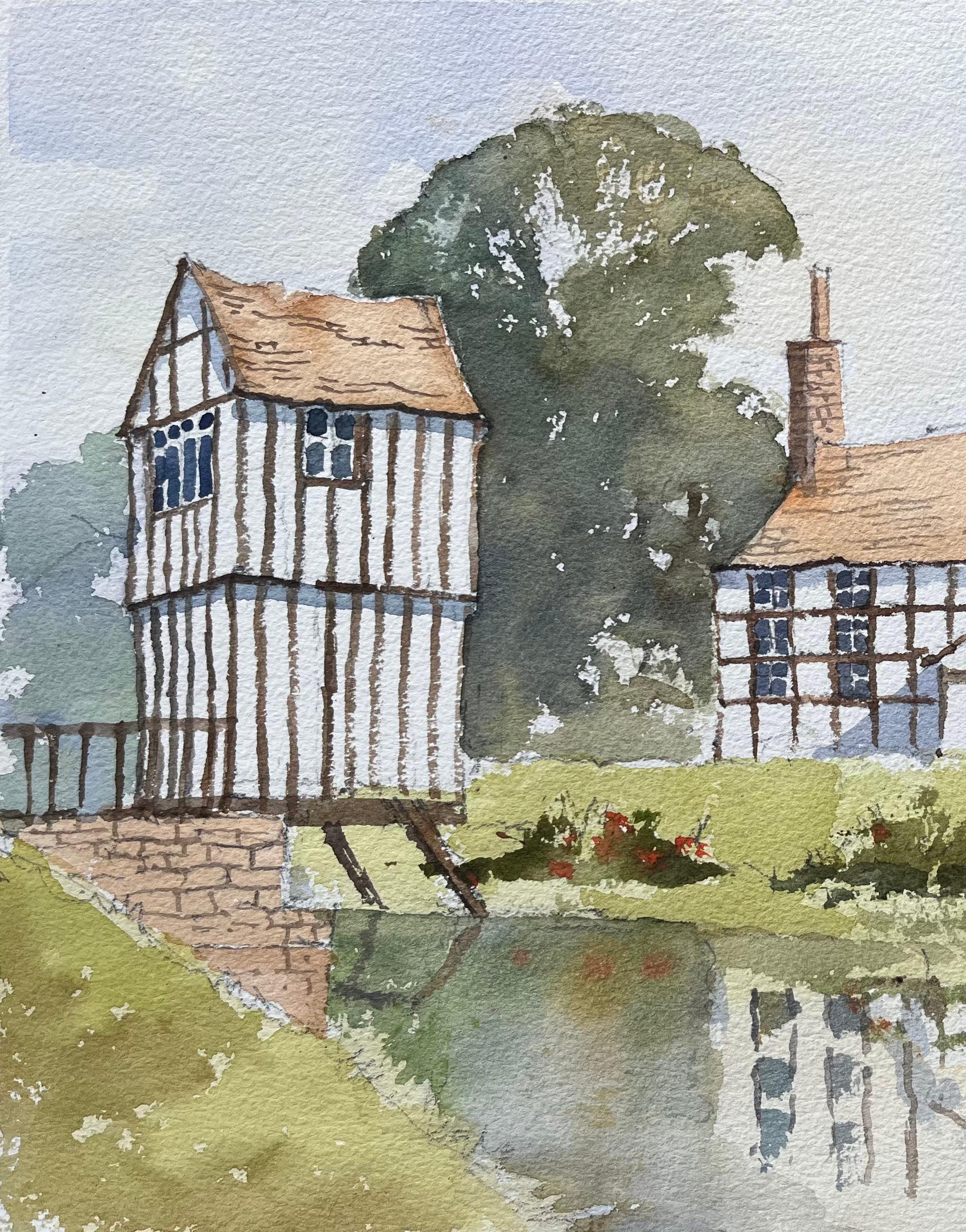 Titel: Aquarell eines britischen Impressionisten mit einem Herrenhaus im Tudor-Stil an einem ruhigen Teich
von Anthony Avery (Brite 1946-2023)
Original-Aquarell auf Künstlerpapier, ungerahmt
Abmessungen: 11,25 x 15,25 Zoll (Höhe x Breite)
Zustand:
