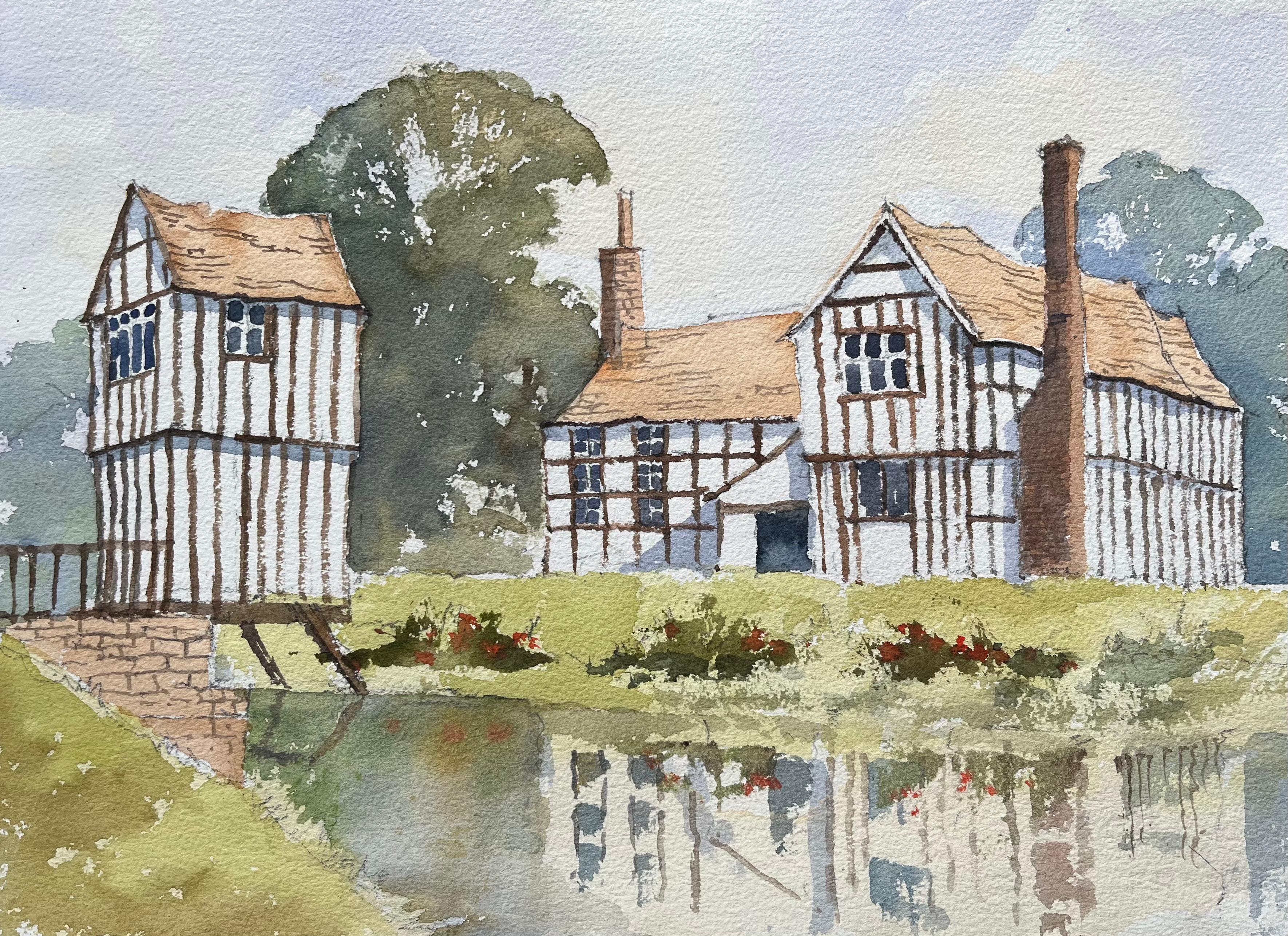 Britischer Impressionist: Aquarell eines Herrenhauses im Tudor-Stil an einem ruhigen Teich