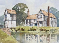 British Impressionist Watercolor of a Tudor-Style Manor by a Tranquil Pond