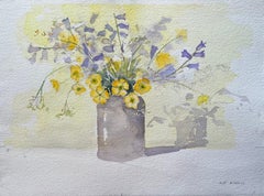 British Impressionist Watercolor of a Vase of Spring Blooms in Sunlit Shadows