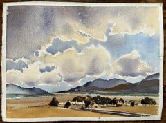 Acquerello impressionista britannico raffigurante un vasto cielo, Roll & Hill e una fattoria