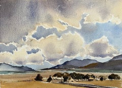 Britisches impressionistisches Aquarell eines Vasenhimmels mit Himmel, Rolling Hills und Bauernhof