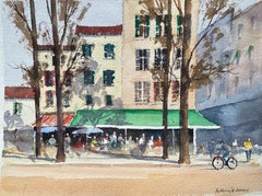 British Impressionist Watercolor of a Vibrant Café Scene in a Town Square