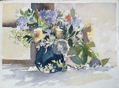 British Impressionist Watercolor of a Vibrant Floral Still Life in Blue Vase
