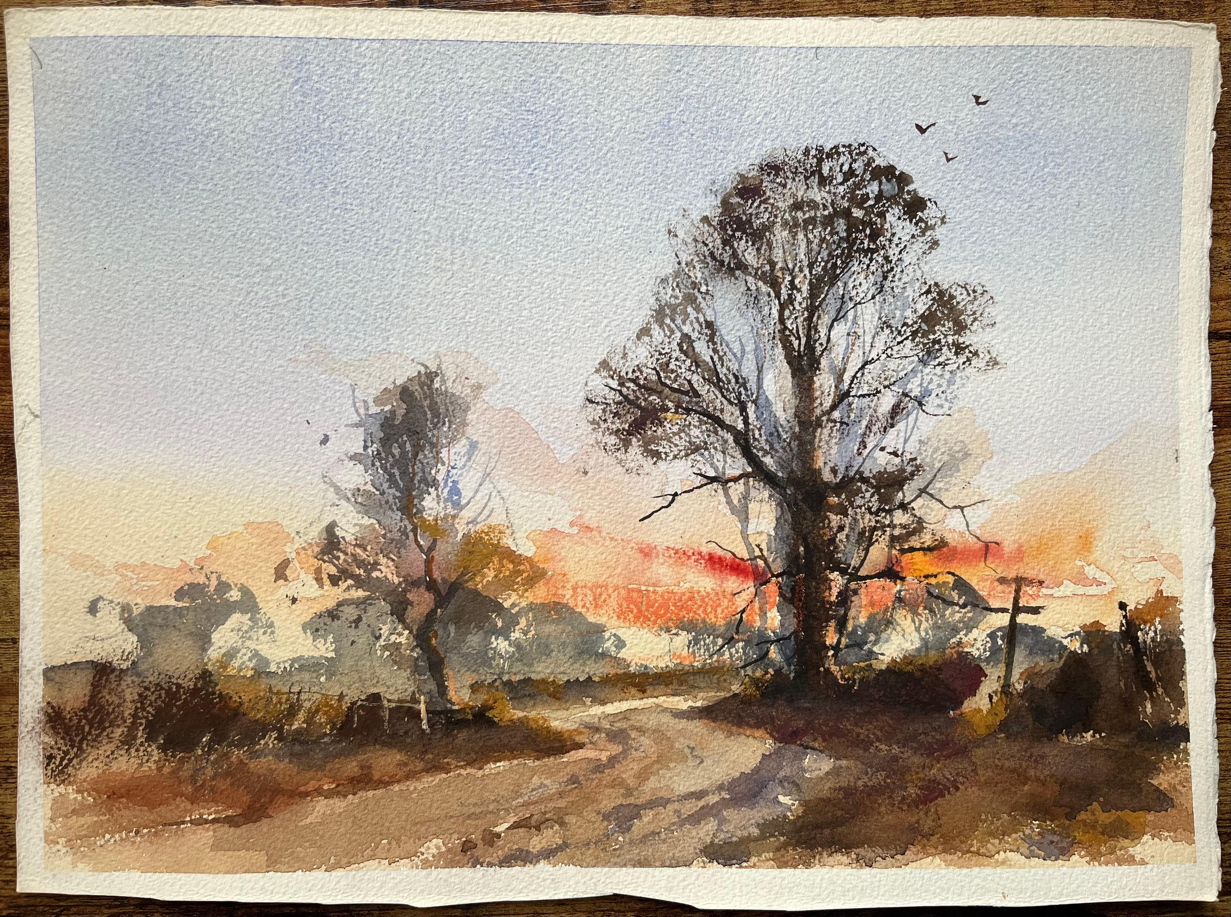 Acuarela impresionista británica de una vibrante puesta de sol sobre un paisaje campestre - Painting de Anthony Avery