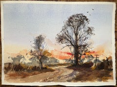 British Impressionist Watercolor of a Vibrant Sunset over a Country Landscape