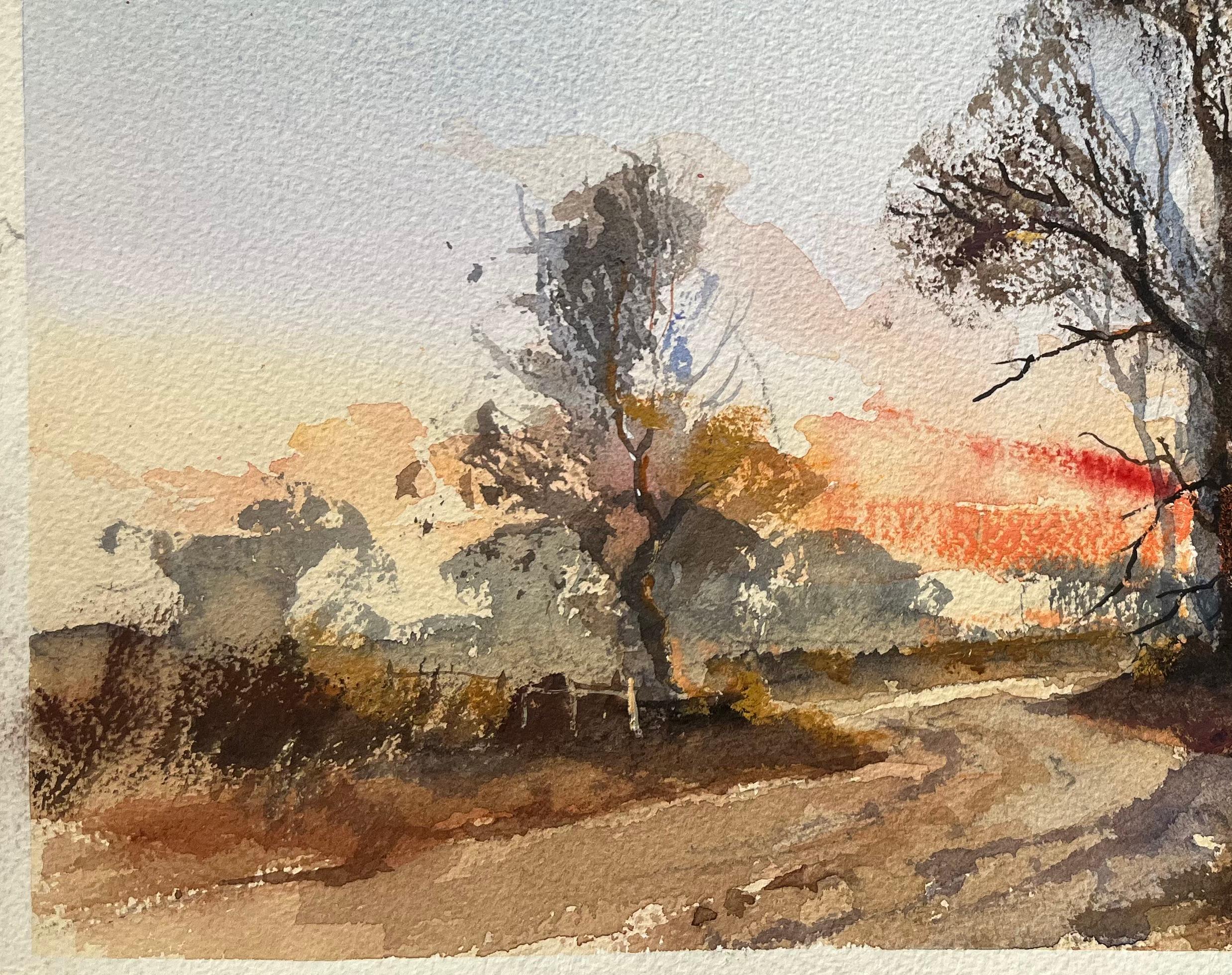 Título: Acuarela impresionista británica de una vibrante puesta de sol sobre un paisaje campestre
Por Anthony Avery (británico 1946-2023)
Acuarela original sobre papel de artista, sin enmarcar
Dimensiones: 11,25 x 15,25 pulgadas (Alto x