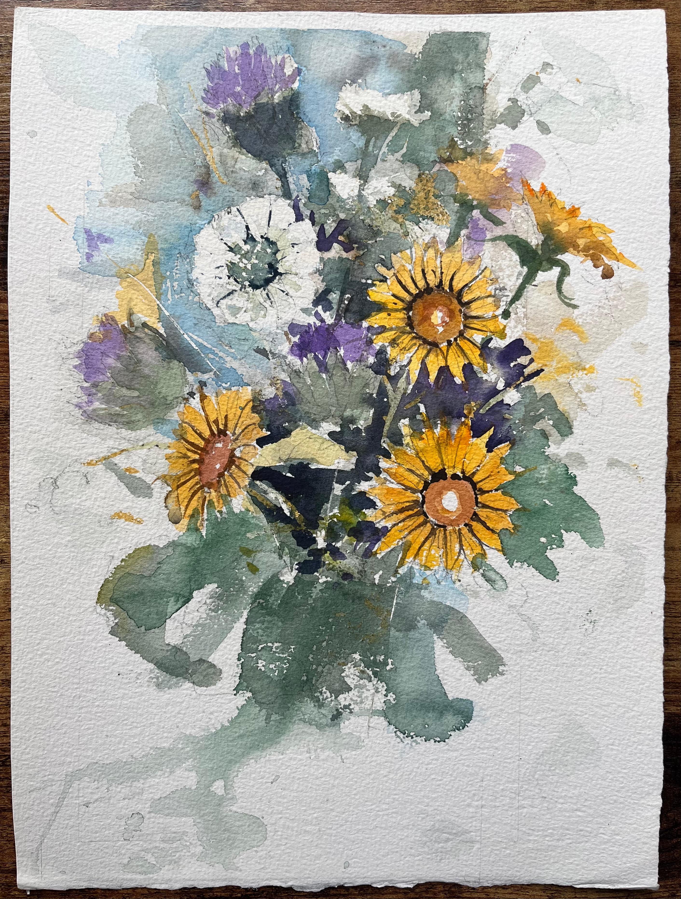 Britischer Impressionist Aquarell eines lebendigen Wildblumenstraußes – Painting von Anthony Avery
