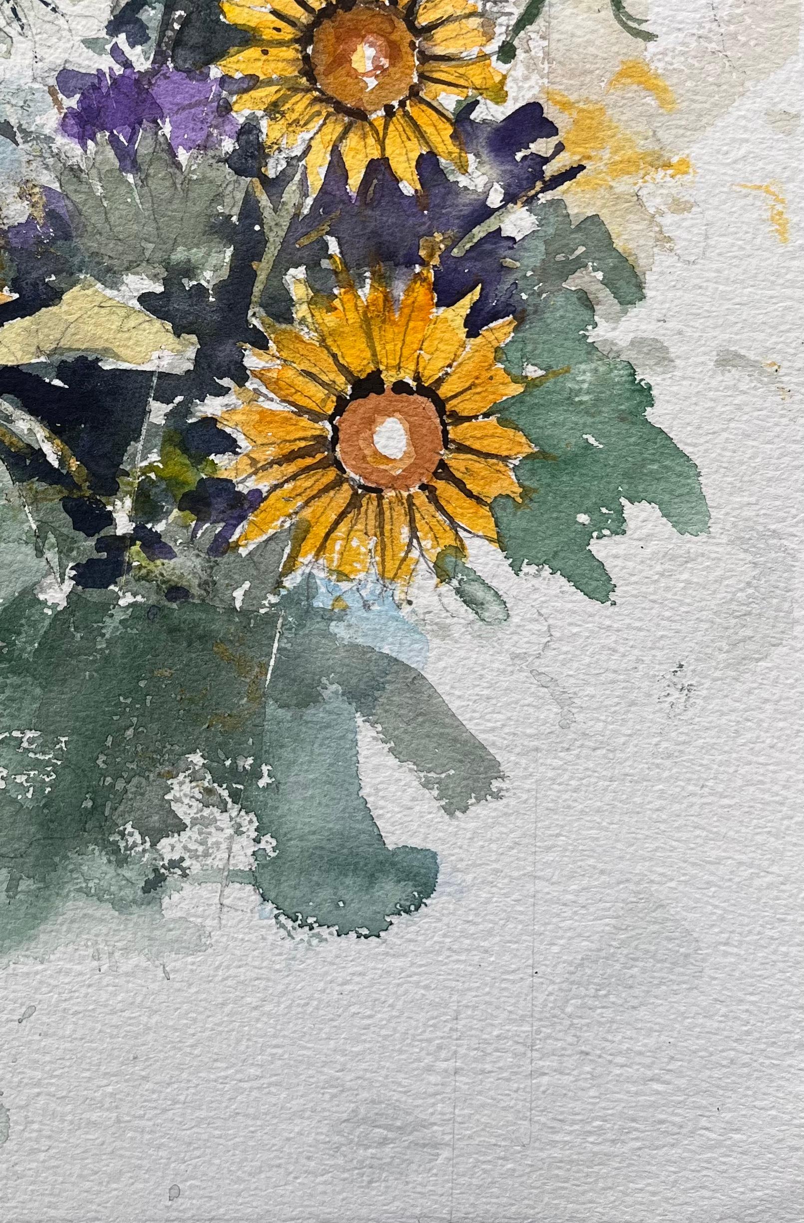 Britischer Impressionist Aquarell eines lebendigen Wildblumenstraußes (Grau), Landscape Painting, von Anthony Avery