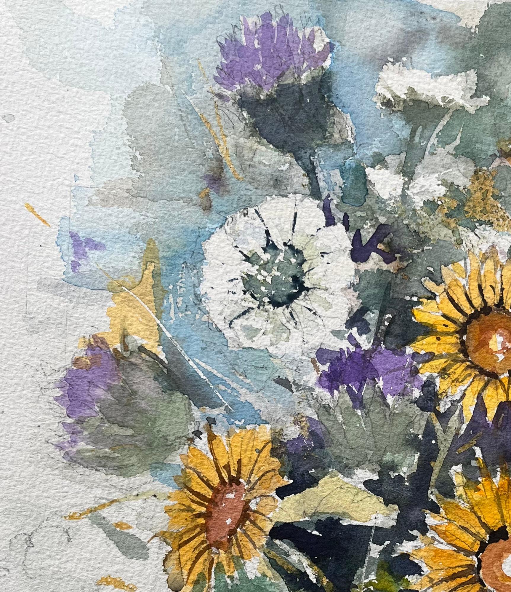 Britischer Impressionist Aquarell eines lebendigen Wildblumenstraußes im Angebot 1