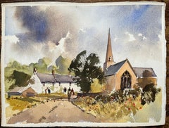 British Impressionist Watercolor of a Village Church and Cottages, and Riders