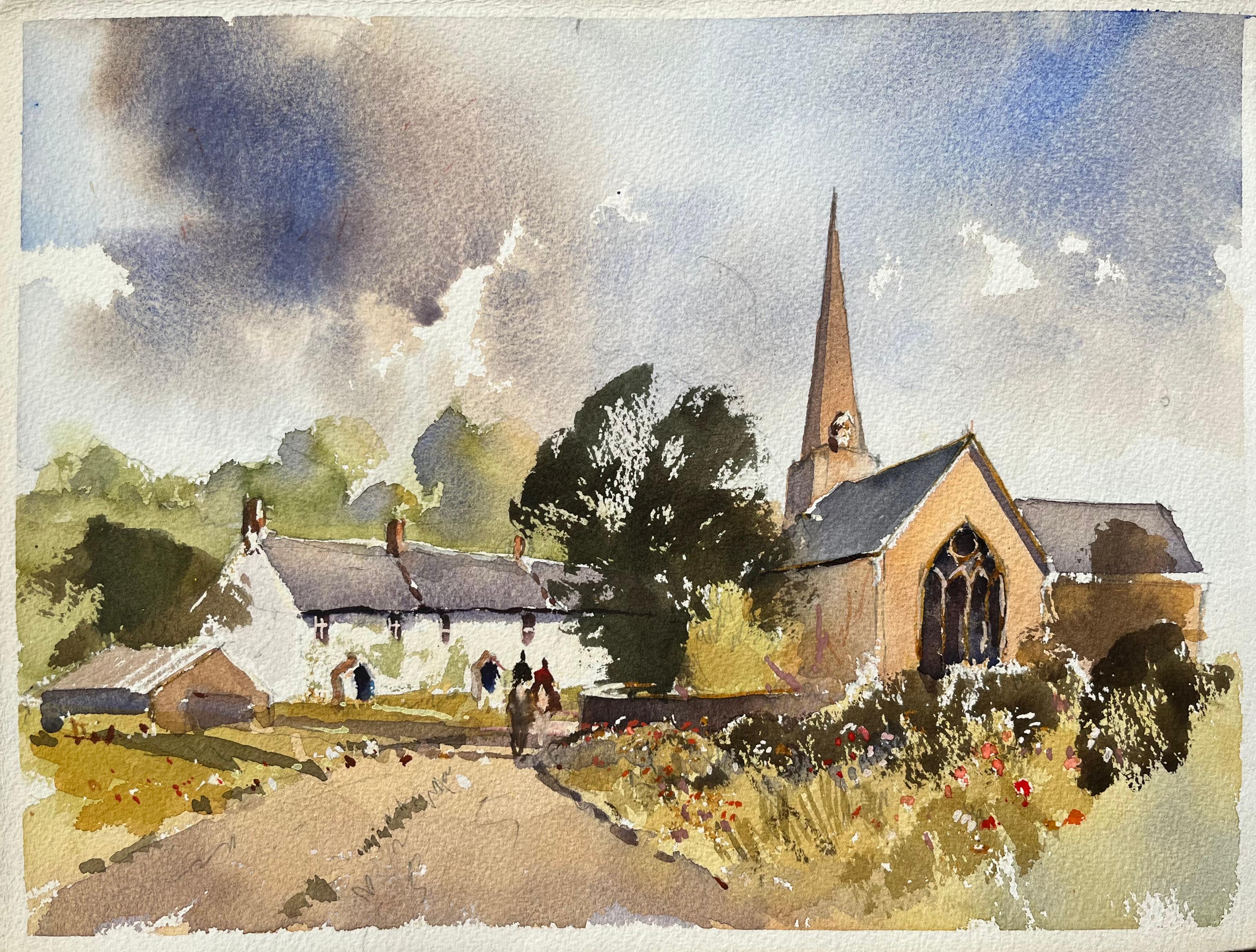 Landscape Painting de Anthony Avery - Acuarela impresionista británica de una iglesia y casitas de pueblo, y jinetes
