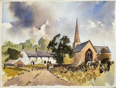 Britisches impressionistisches Aquarell einer Dorfkirche und Cottages, und Reiter, im britischen Impressionismus
