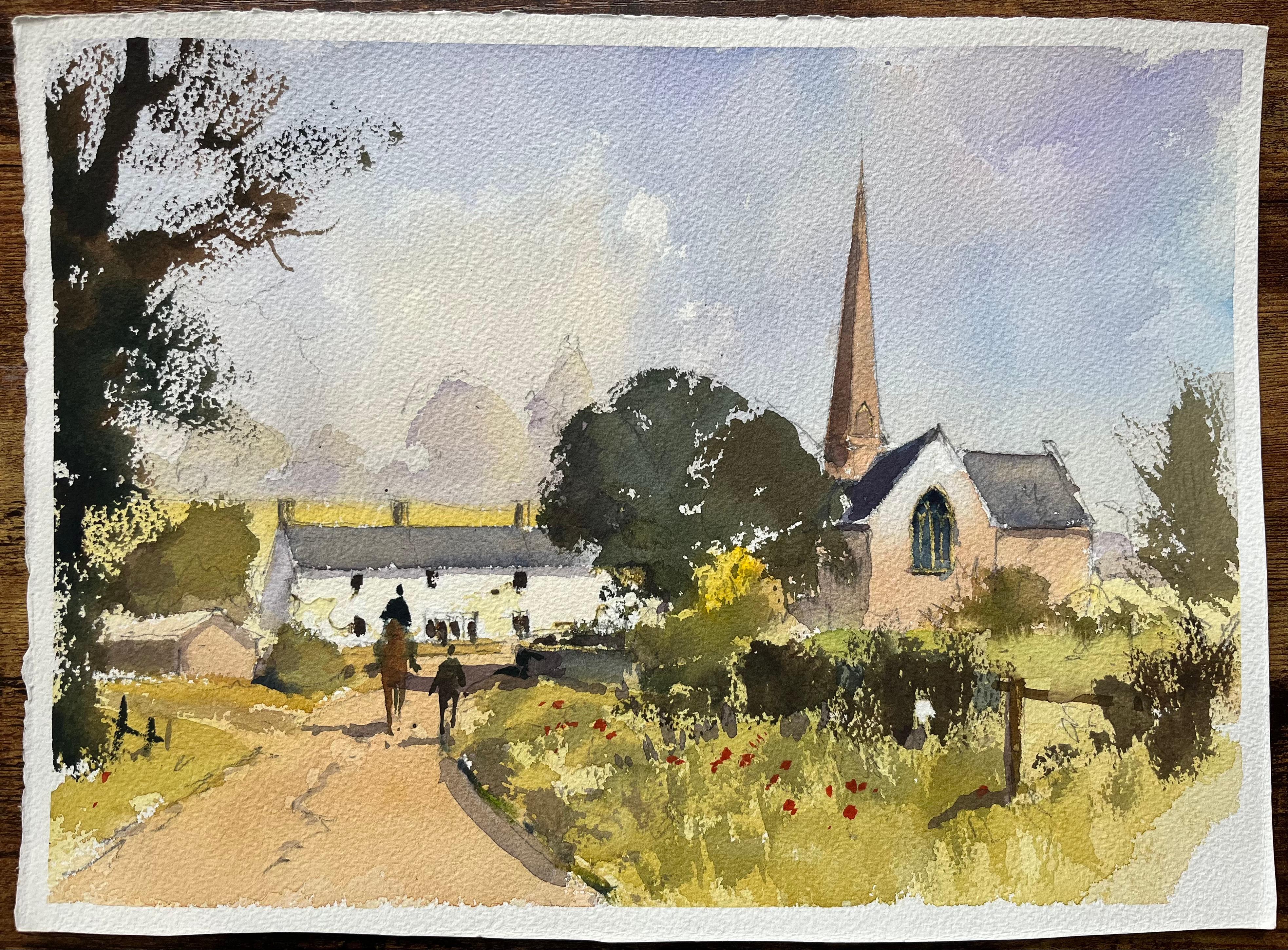 British Impressionist Watercolor of a Village Lane with Church and Figures - Painting by Anthony Avery
