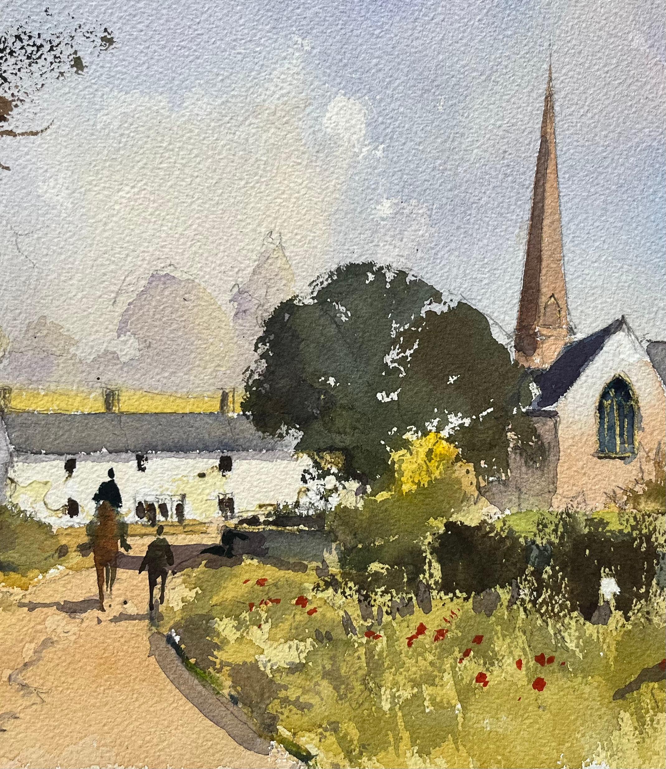 Title: British Impressionist Watercolor of a Village Lane with Church and Figures
By Anthony Avery (British 1946-2023)
Original watercolor on artists paper, unframed
Dimensions: 11 x 15.25 inches (Height x Width)
Condition: Good, with some minor